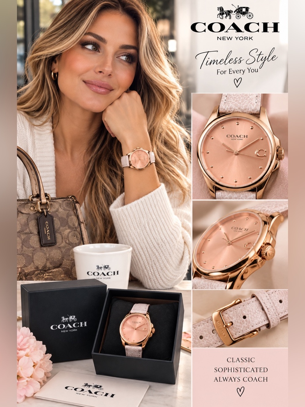 COACH Rose Gold Dial Watch with Pale Pink Leather Strap